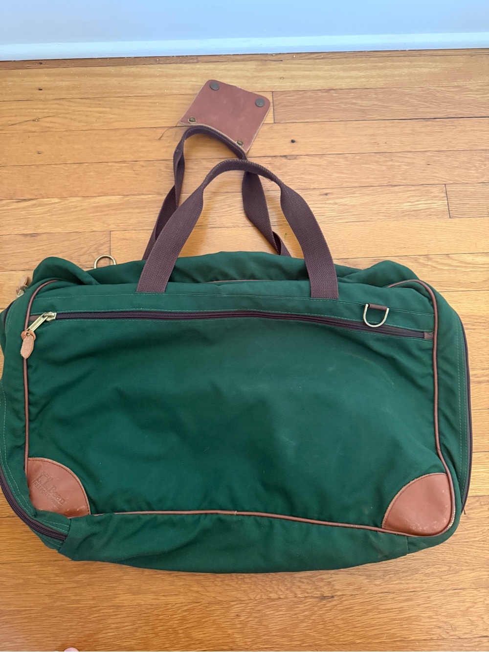 L.L. Bean Forest Green Suitcase with Brown Leather Accents
